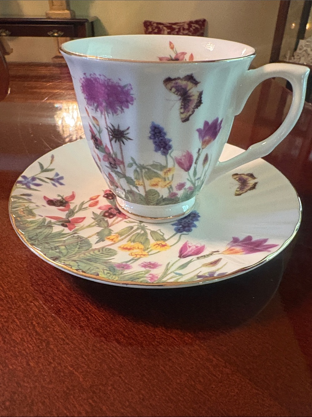 Floral Bone China Tea Cup & Saucer with Butterfly Motif - Multicolor